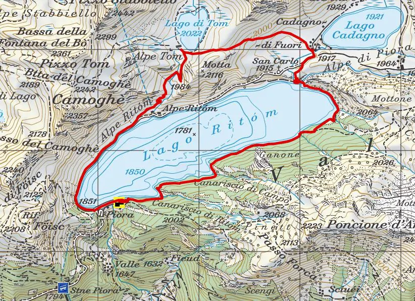 Mappa topografica del sentiero escursionistico ai laghi Ritom, Tom e Cadagno nella Val Piora, Canton Ticino